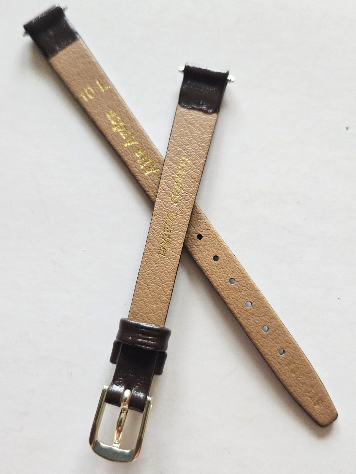 10mm / Long – Dark Brown Genuine Leather Watch Band – ( Gold Buckle / w Pins )