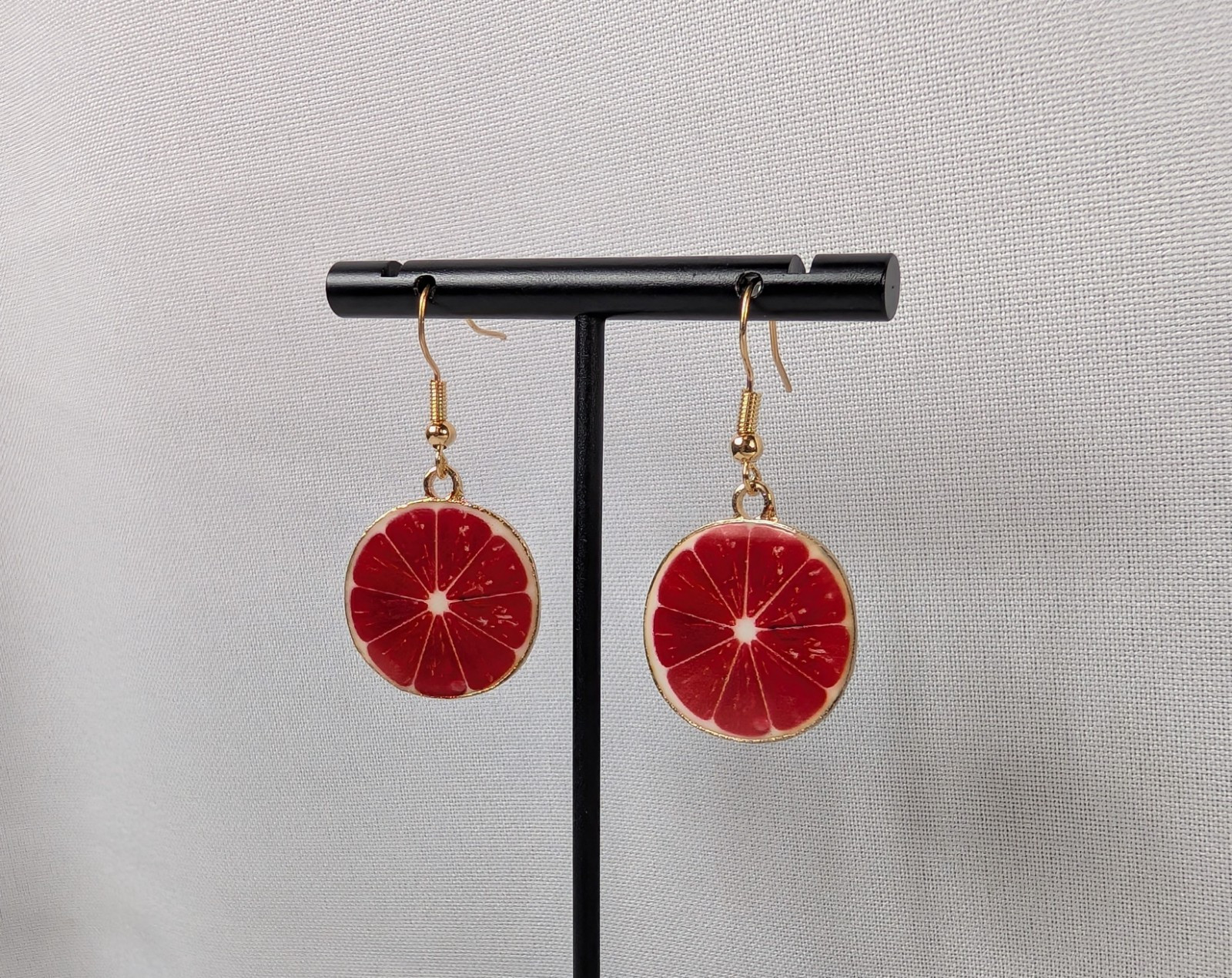 Hook Drop Dangle Pierced Earrings Gold Tone Grapefruit Summer Fruit Food Fun