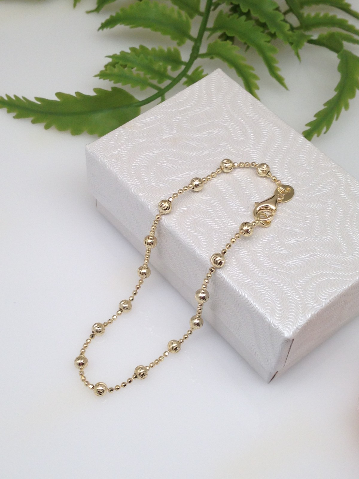 925 Sterling Silver Moon Cut Bead Ball Beaded Gold Chain Bracelet Women 3mm 7″