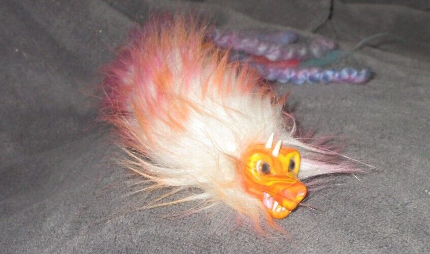 Neon Faux Fur Feathered Serpent Quetzalcoatl Brooch Pin 11″ Sculpted Dragon Face