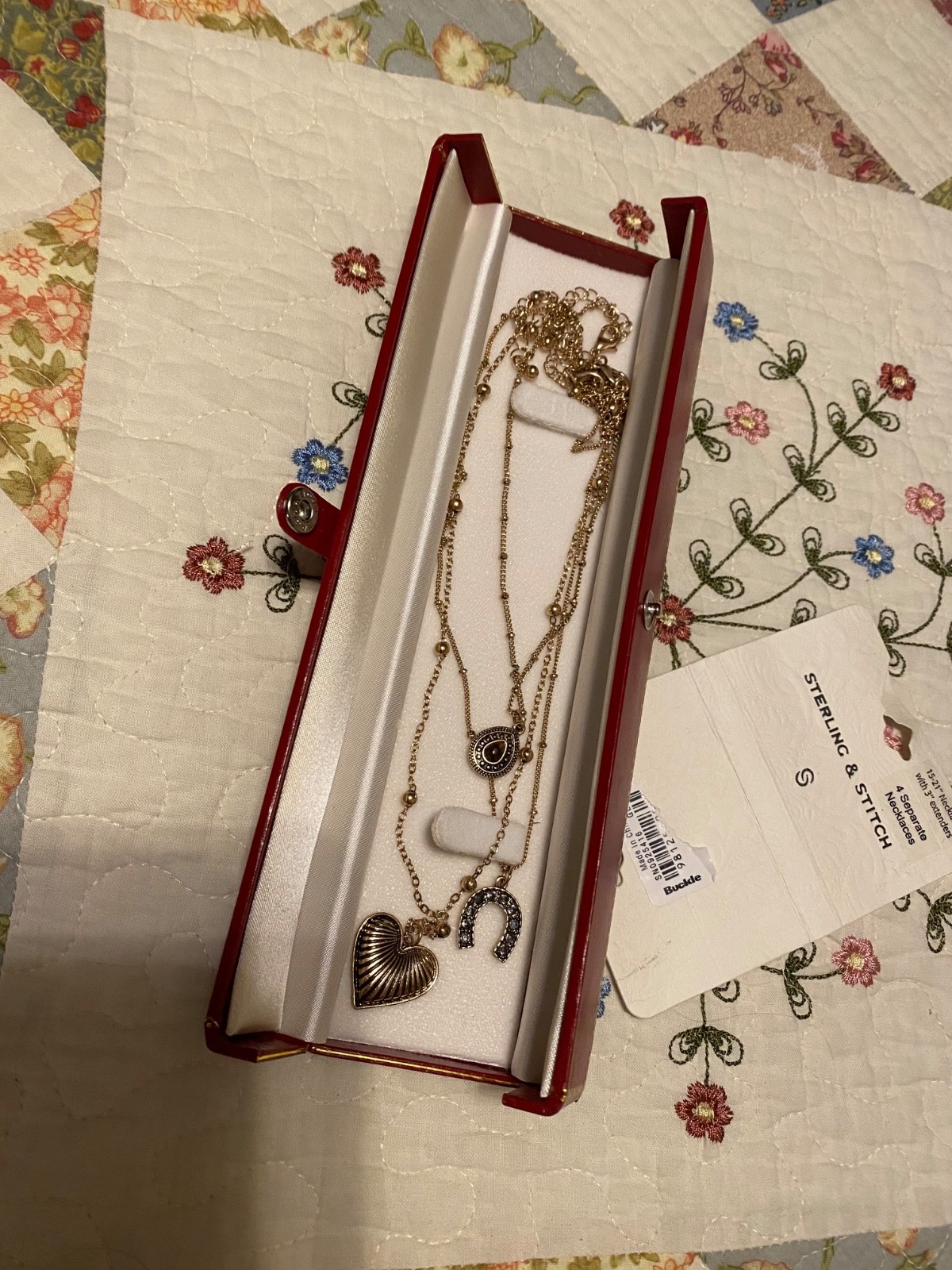 3 NEW BUCKLE Sterling & Stitch Necklaces Gold Chains Heart Horse shoe Tear drop