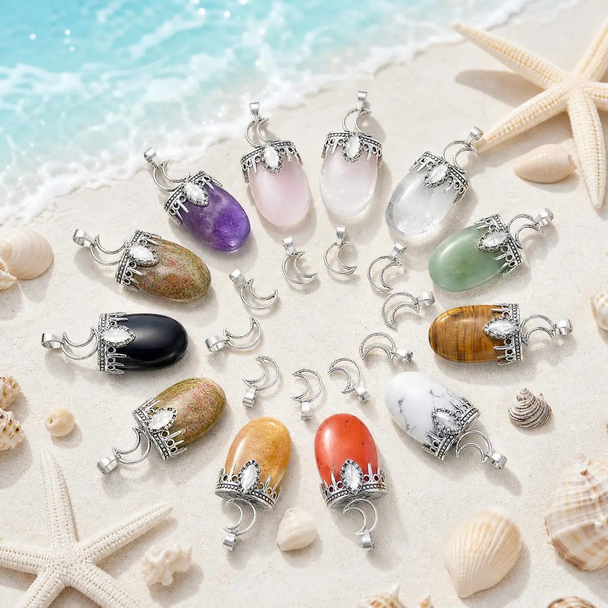 6PCS Healing Crystal Crescent Moon Pendant for DIY Jewelry Making Wholesales