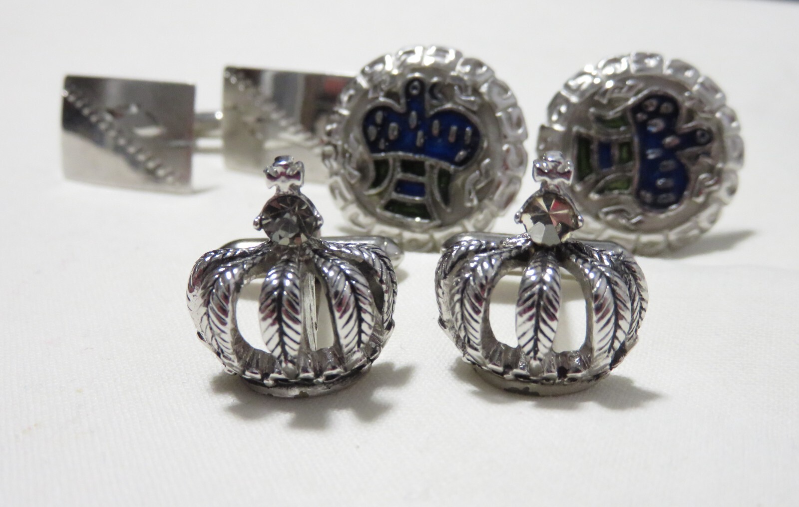 3 PAIRS VINTAGE SILVERTONE METAL CUFFLINKS CROWN EAGLE