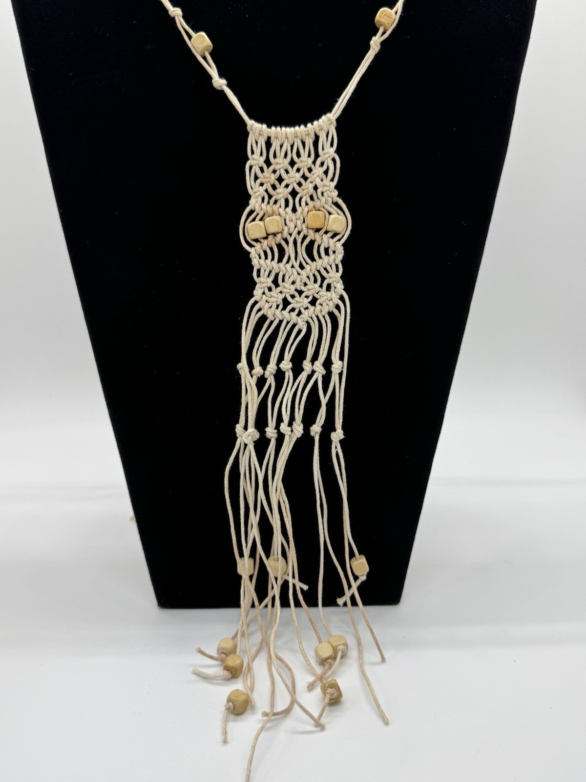 Handmade Boho Macramé Fringe Necklace Adjustable Natural Wood Beads Artisan