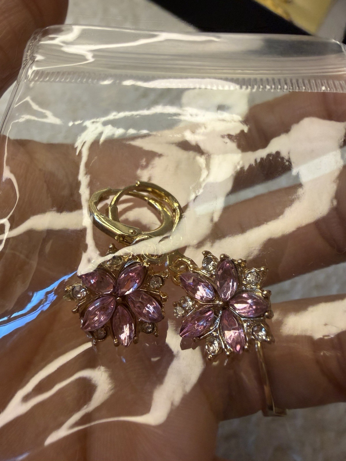 Gold-Tone Flower Pink Simulated Cubic Zirconia Dangle/Drop Leverback Earrings