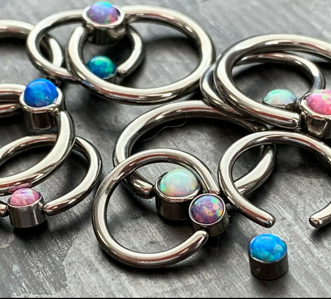 1pc Opal Set Inside Flat-Back Captive Bead Ring Septum Nipple Body Jewelry