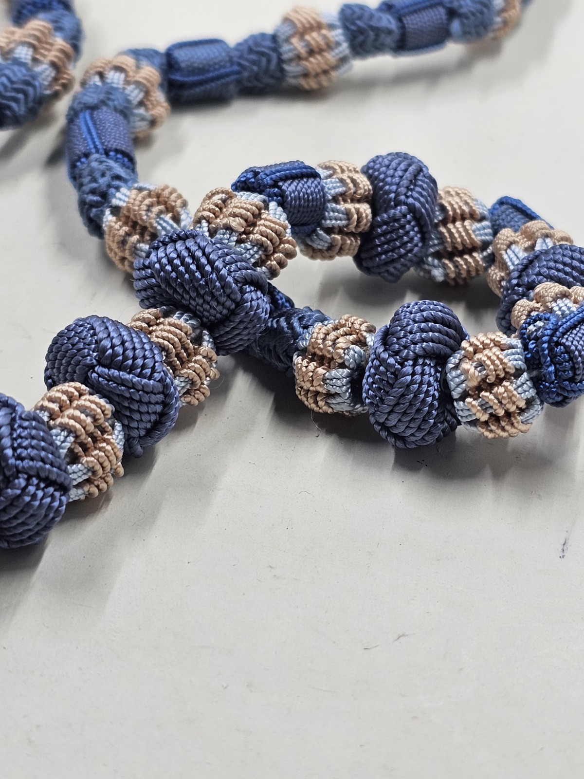 Vintage Blue Tan Woven Cord Knotted Bead Necklace 34in Boho Macrame Style
