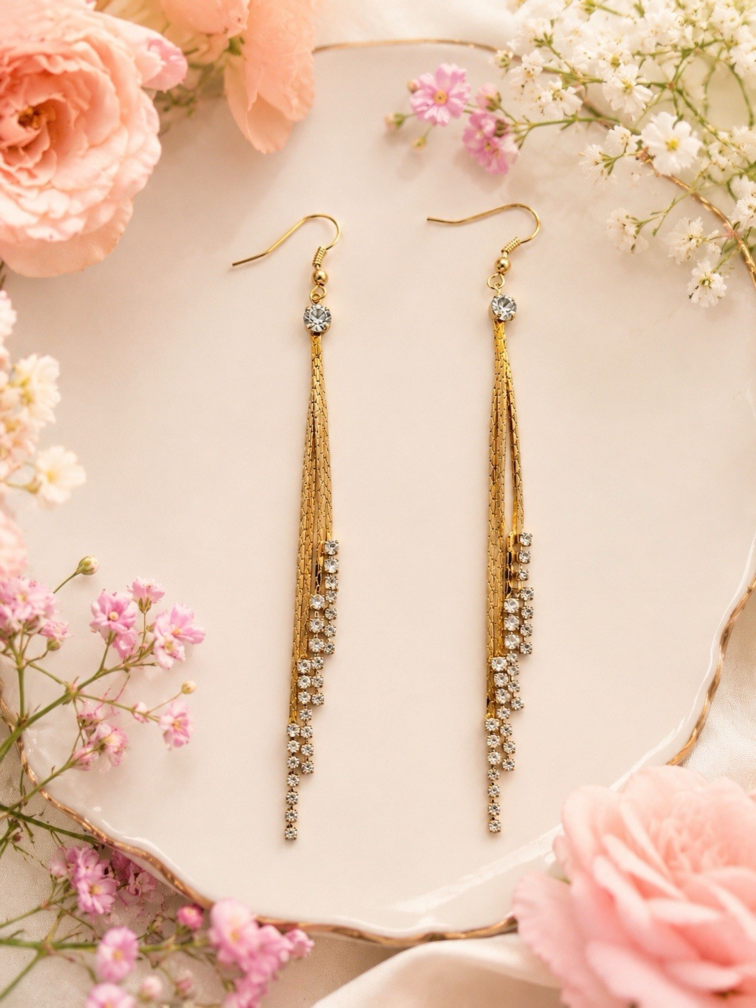 Gold Rhinestone Tassel Dangle Earrings Long Drop Bridal Gift Box Included