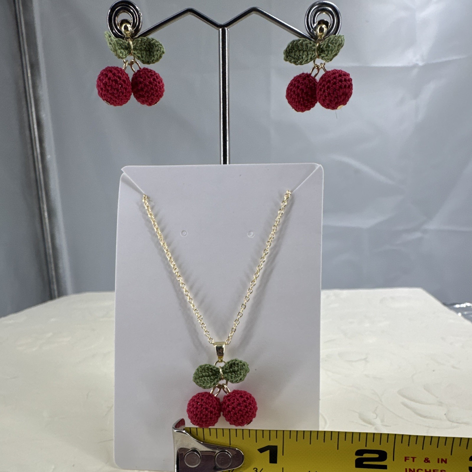 Hand Made, Tiny Crochet Cherry Pendant Necklace & Earrings Set