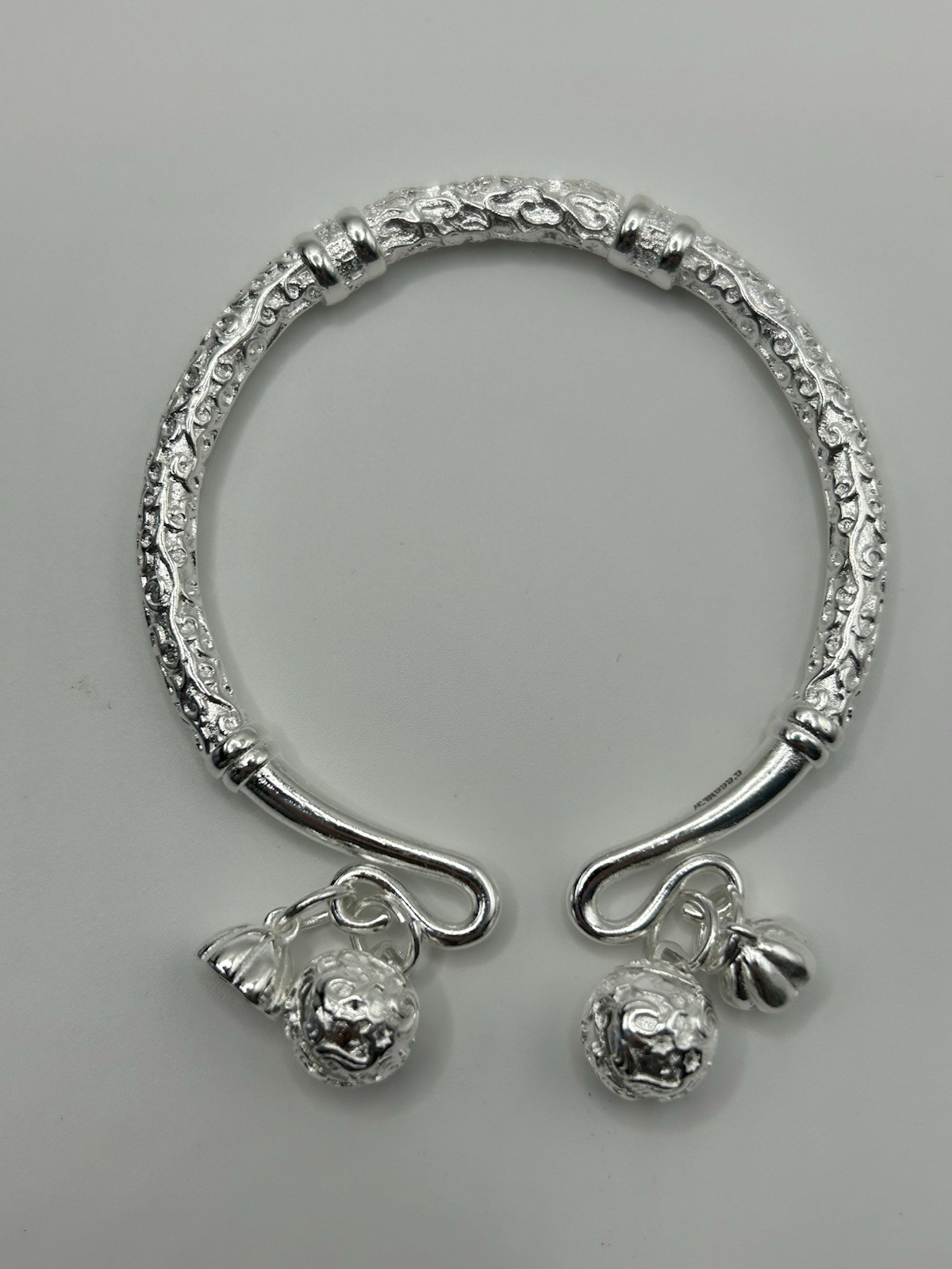Silver Open Cuff Bracelet 44g Stamped Solid .999 Silver Bell Charm Bangle