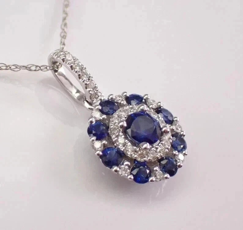 14k White Gold Plated 2.50Ct Round Simulated Blue Sapphire Women’s Halo Pendant