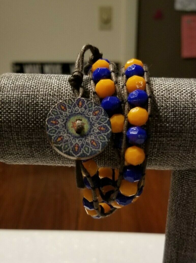 Blue/Orange Gator/Bronco/Auburn Themed Rondelle 3 Wrap Bracelet on Brown Leather
