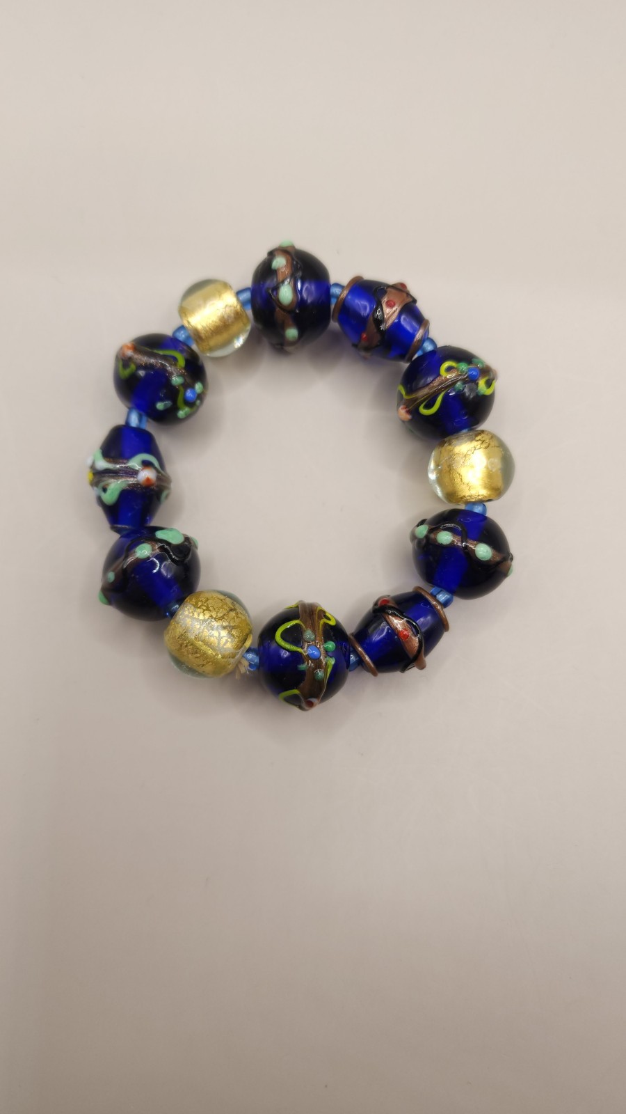 Vintage Murano Glass Bead Stretch Bracelet Cobalt Blue Gold Foil Wedding Cake