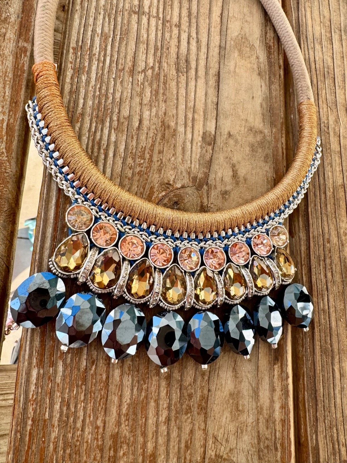 Lydell NYC Statement Bib Necklace Black Bead Crystal Rhinestone Gold Tone