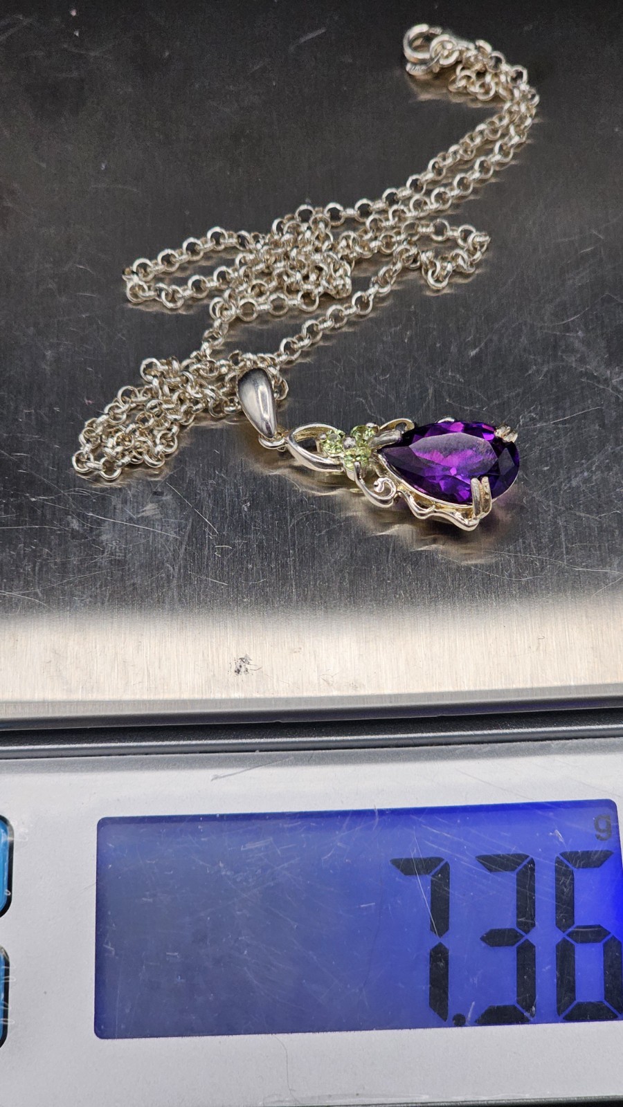 925 Sterling Silver Amethyst Peridot Necklace Pear Pendant 18in Chain 7.36g