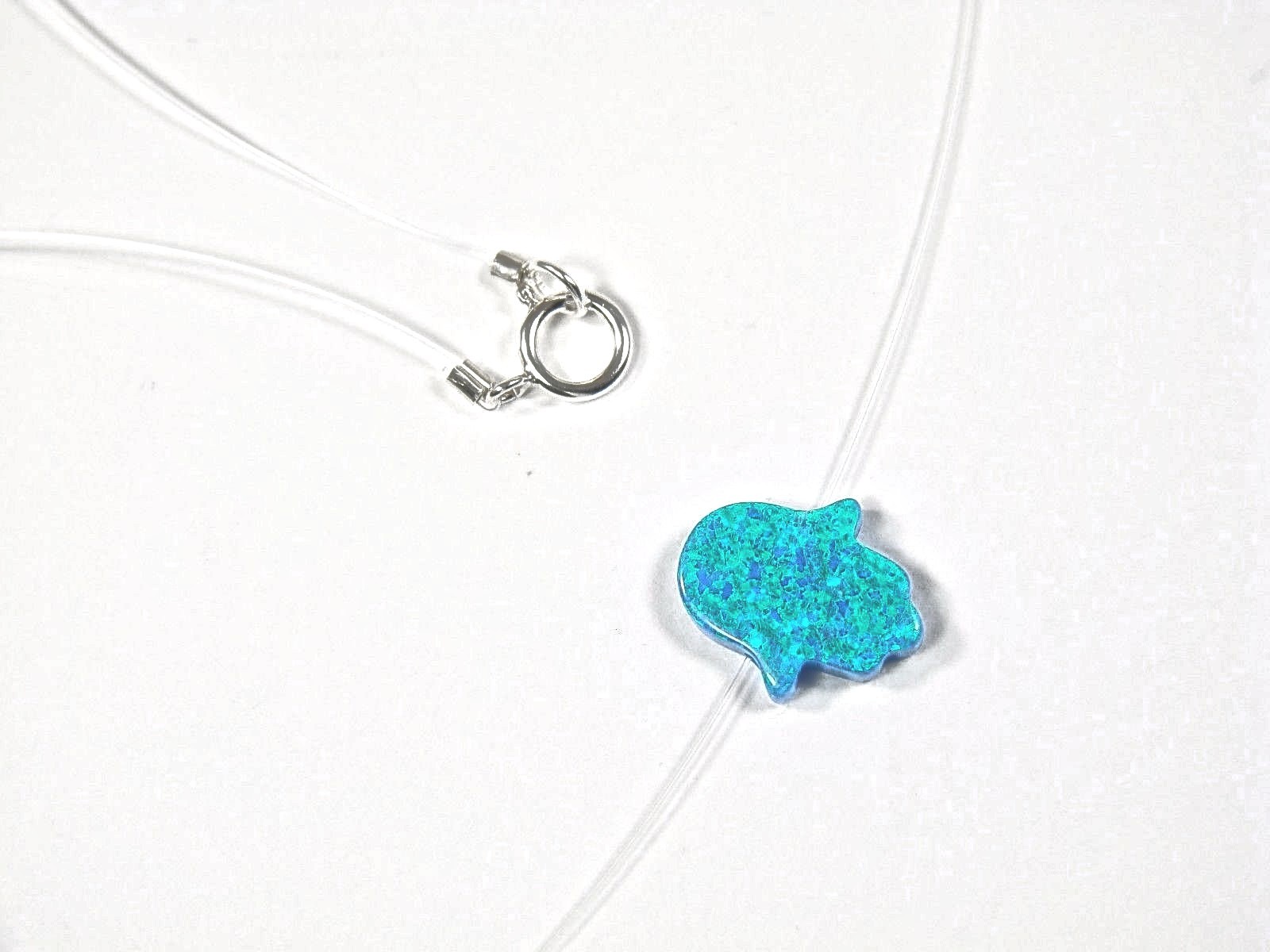 Opal Hamsa Hand Necklace Floating illusion Clear Fishing Line Nylon Silver Clasp
