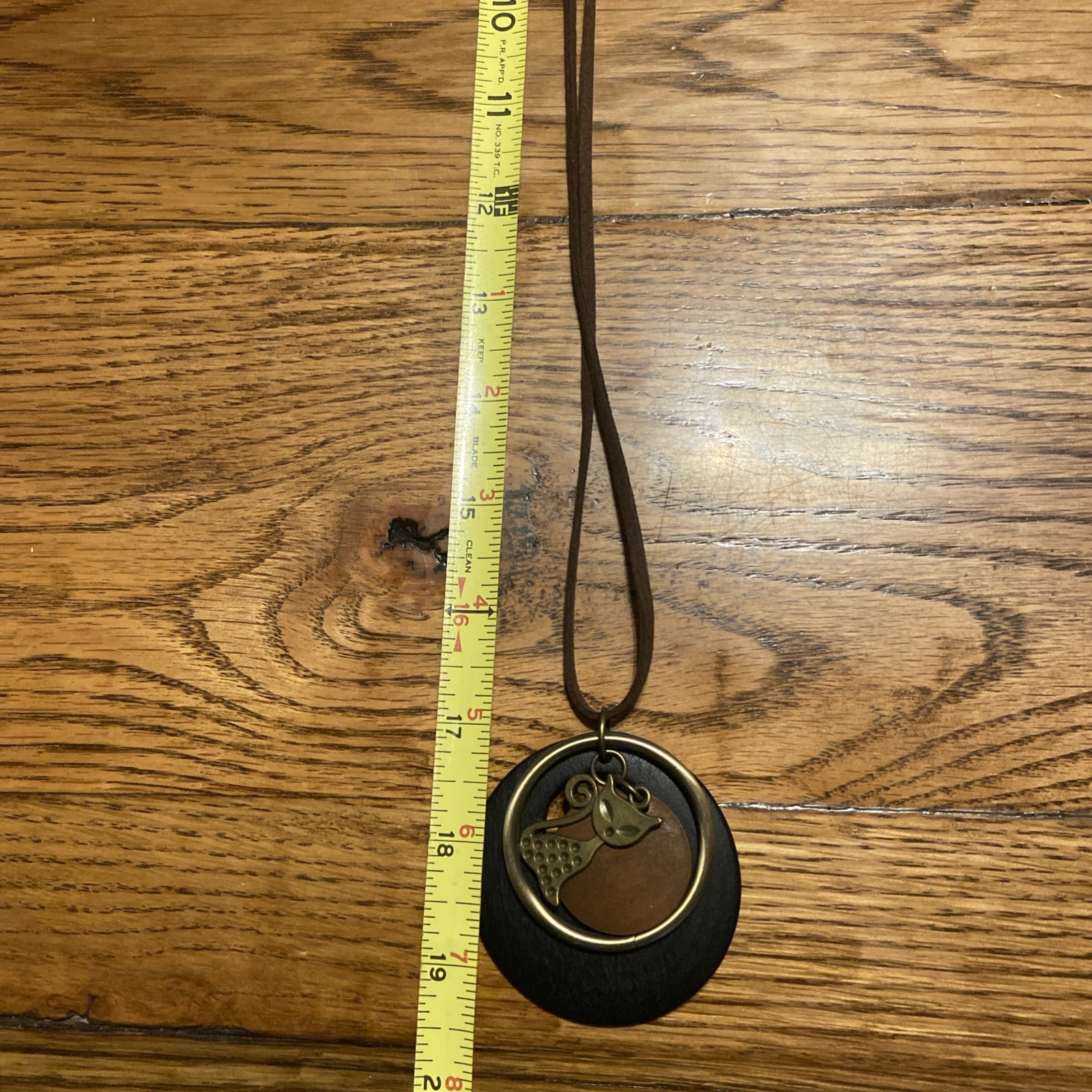 Handcrafted Cat Pendant Necklace with Wood, Brass, Brown Cord Boho