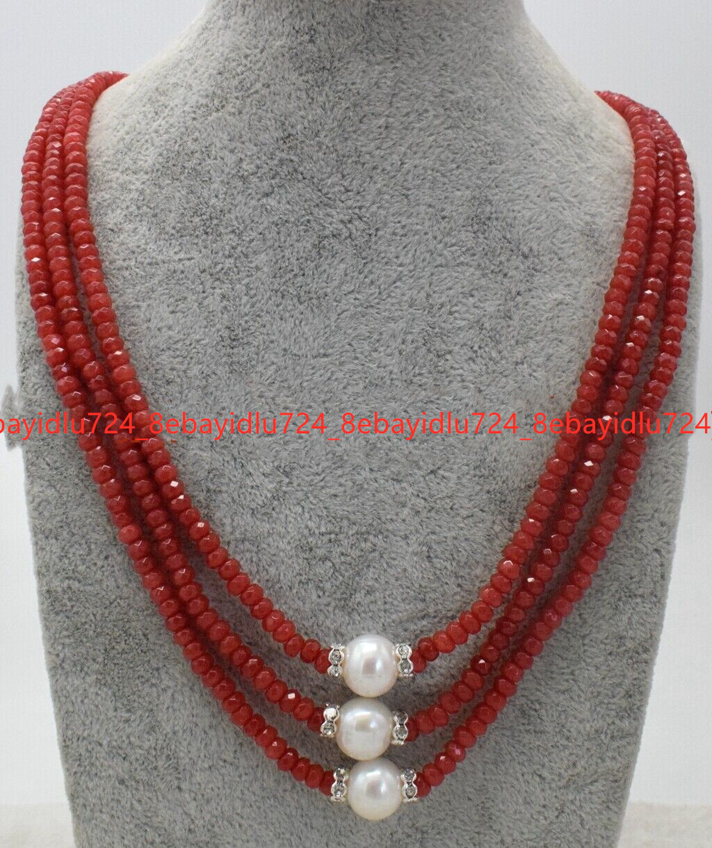 3 Rows Faceted 2x4mm Multicolor Gems & 8-9mm White Pearl Necklace 17-19 in