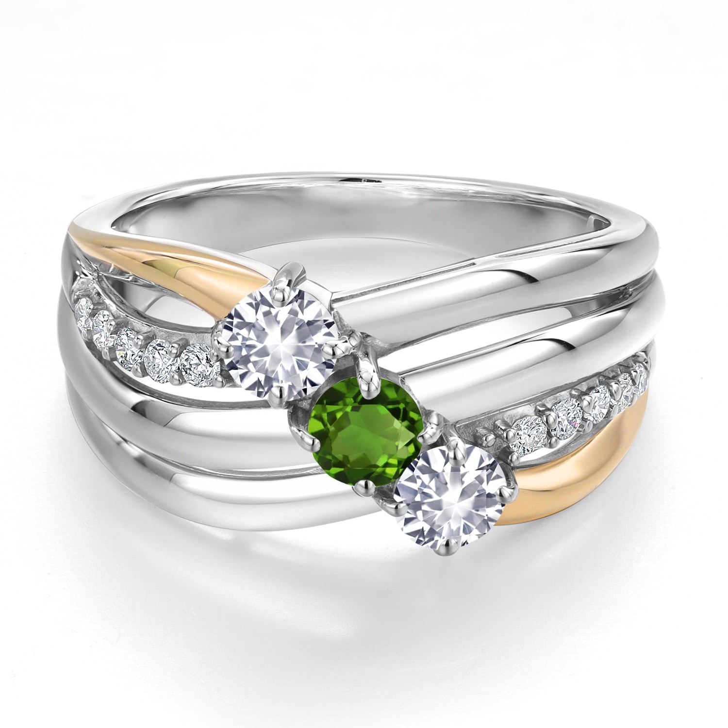 925 Silver and 10K Yellow Gold White Created Sapphire and Green Tourmaline and