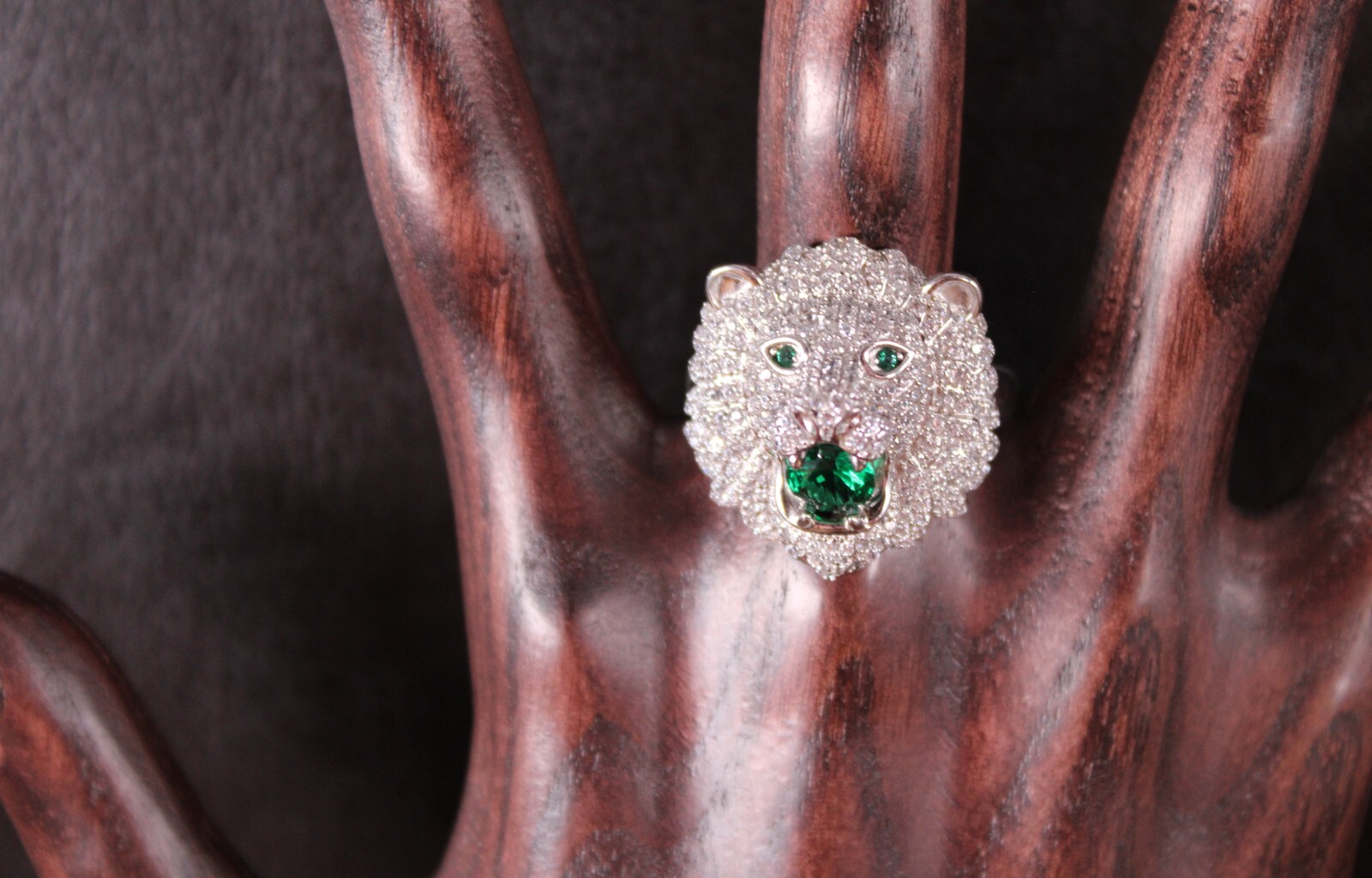 Fuzion Creations Green & White Crystal Lion Head Ring Sterling Silver Size 12