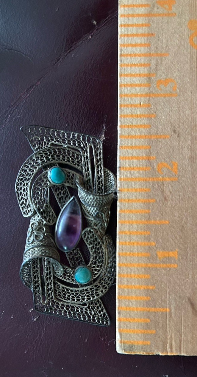 Antique Chinese Export Silver Filigree Amethyst Turquoise Floral Brooch Unusual