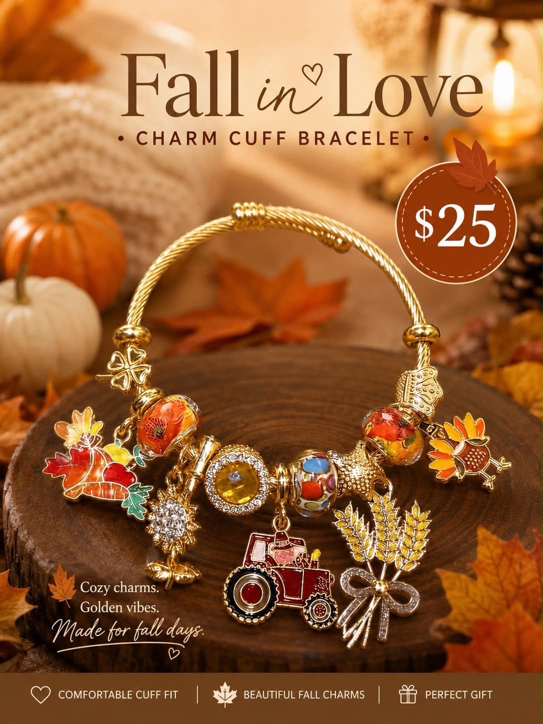 Gold Tone Fall Theme Cuff Charm Bracelet w/ Enamel Multicolor Dangle Charms