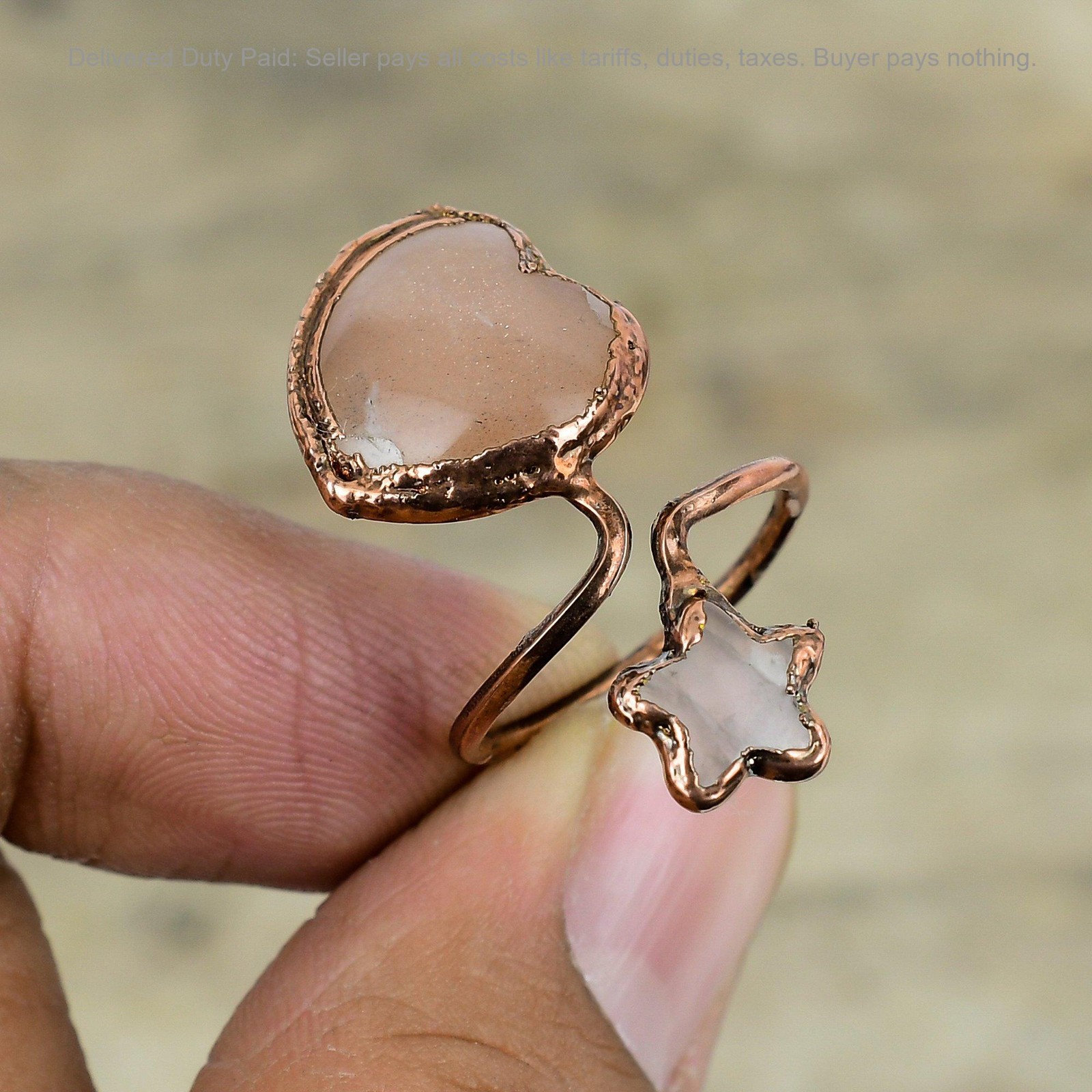 Rose Quartz Gemstone Rainbow Moonstone Copper Promise Wedding Wife Ring Jewelry