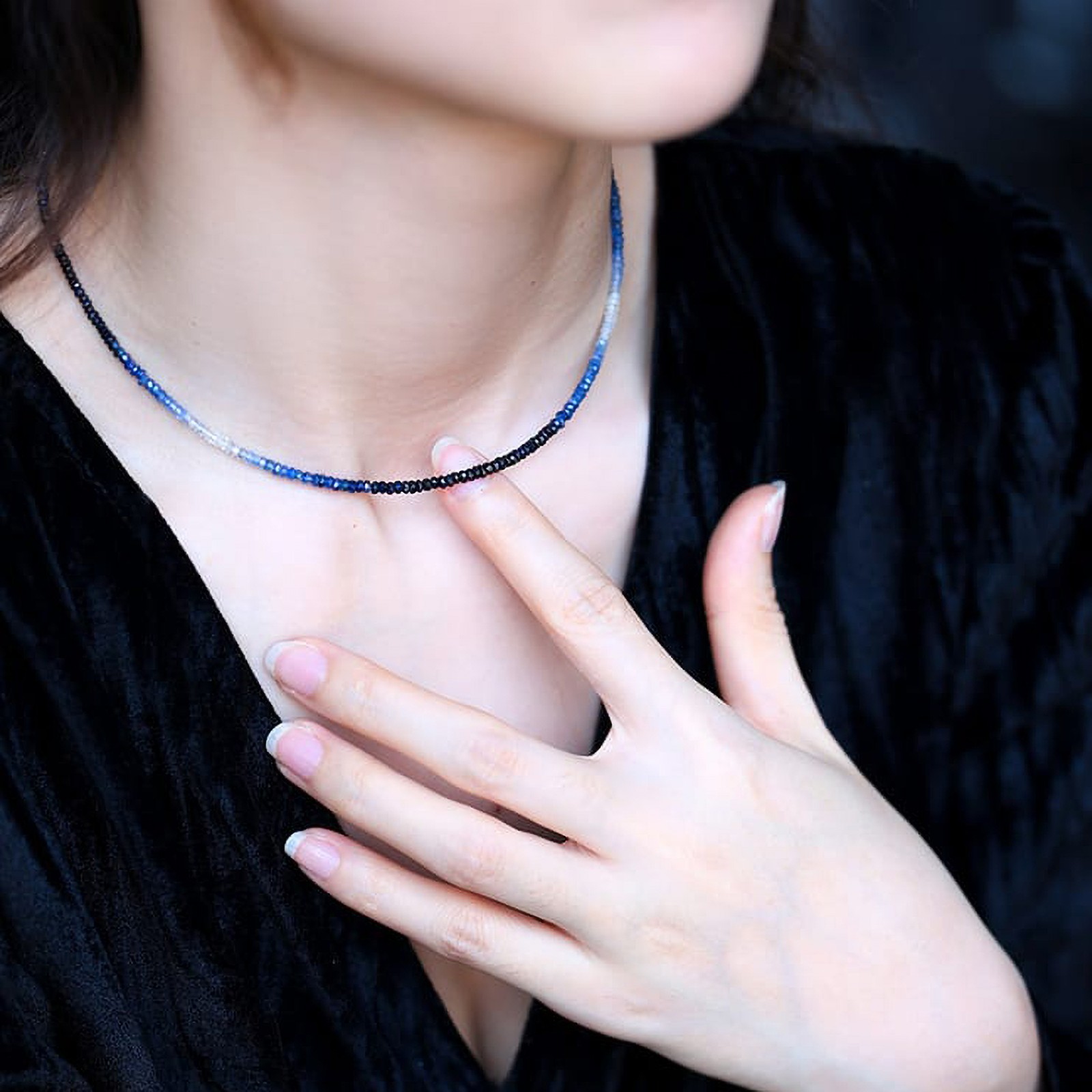 18K Gold Ombre Sapphire Choker, Gradient Blue Beaded Necklace, Gift for Her