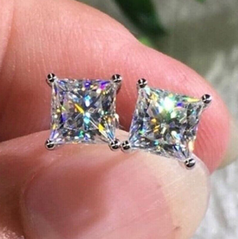 2.00 Ct Certified Princess Cut White Diamond Solitaire Studs-Great Shine & Bling