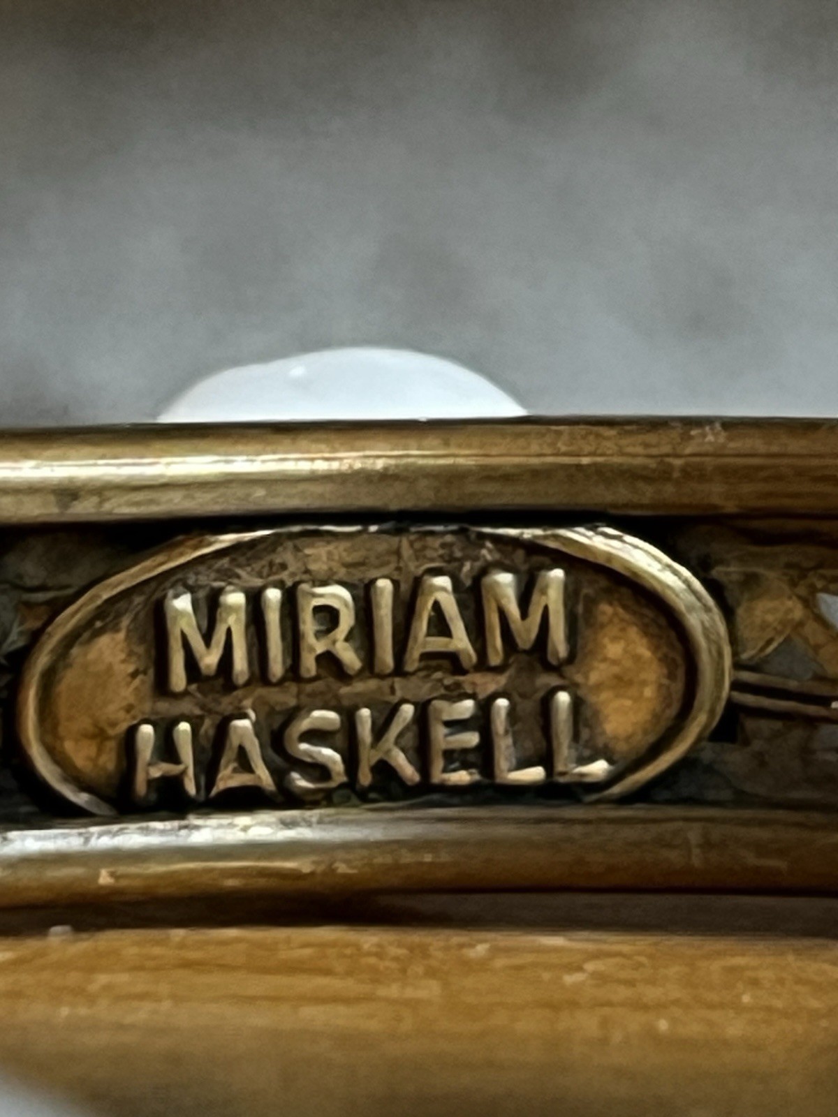 Vintage Miriam Haskell Bracelet 9” Brass Filigree Clasp Glass Beads Safety Chain