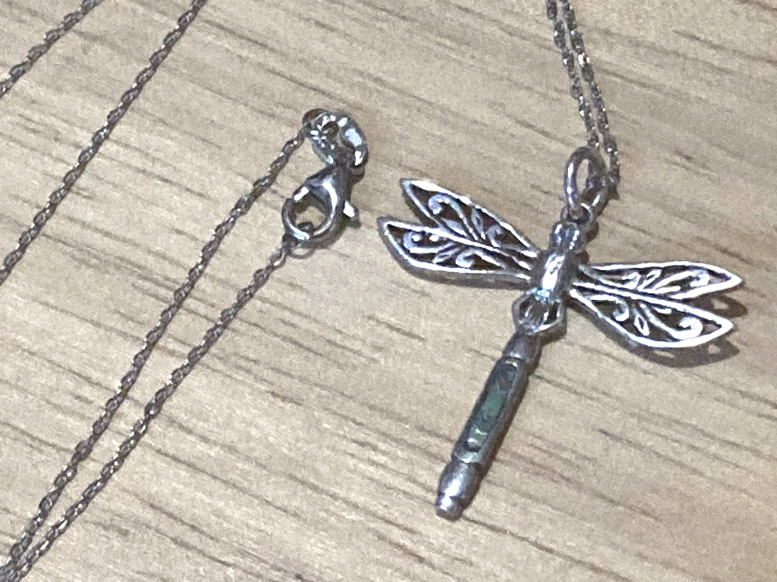Vintage Peter Stone Pendant Necklace Sterling Silver Dragonfly Abalone Charm 925