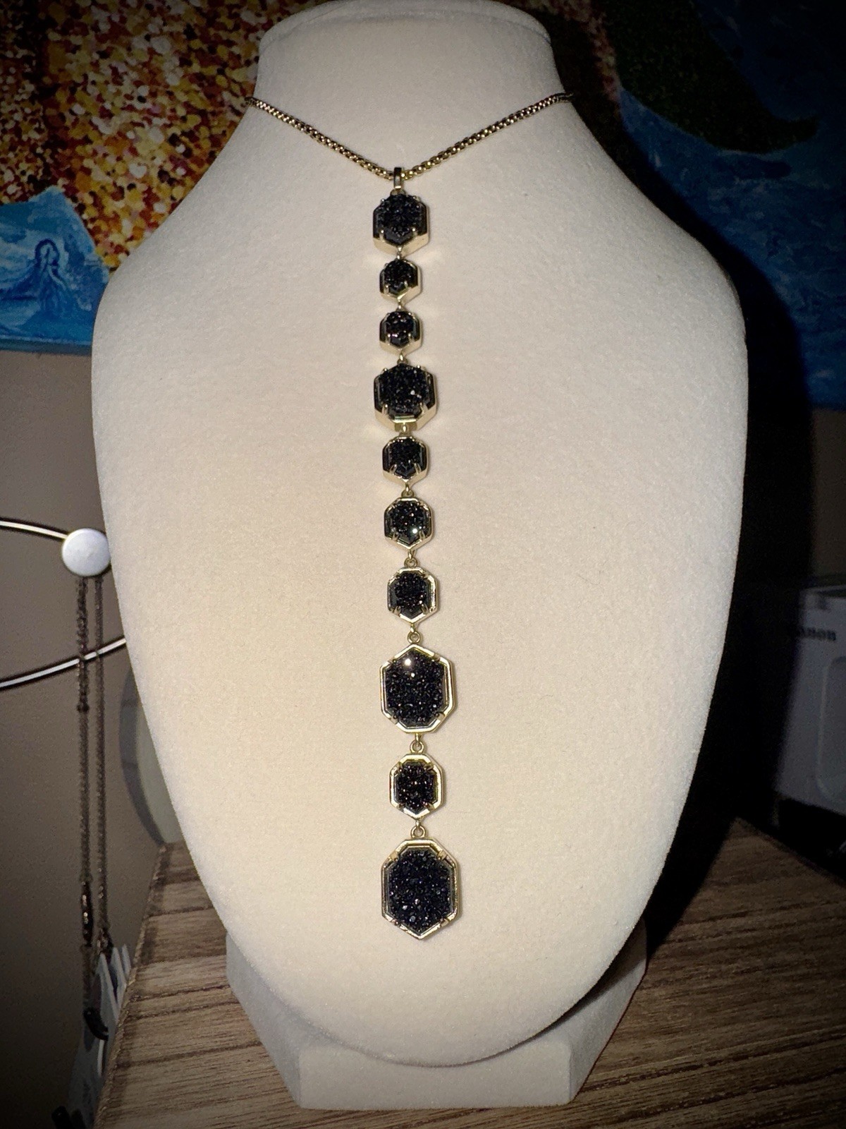 Kendra Scott Y Drop Adjustable Slider Necklace 20”with Multiple Black Drusy