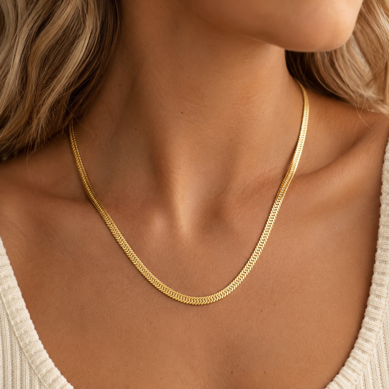 18K Gold Plated Herringbone Necklace for Women & Men, Premium Stainless Steel Fl