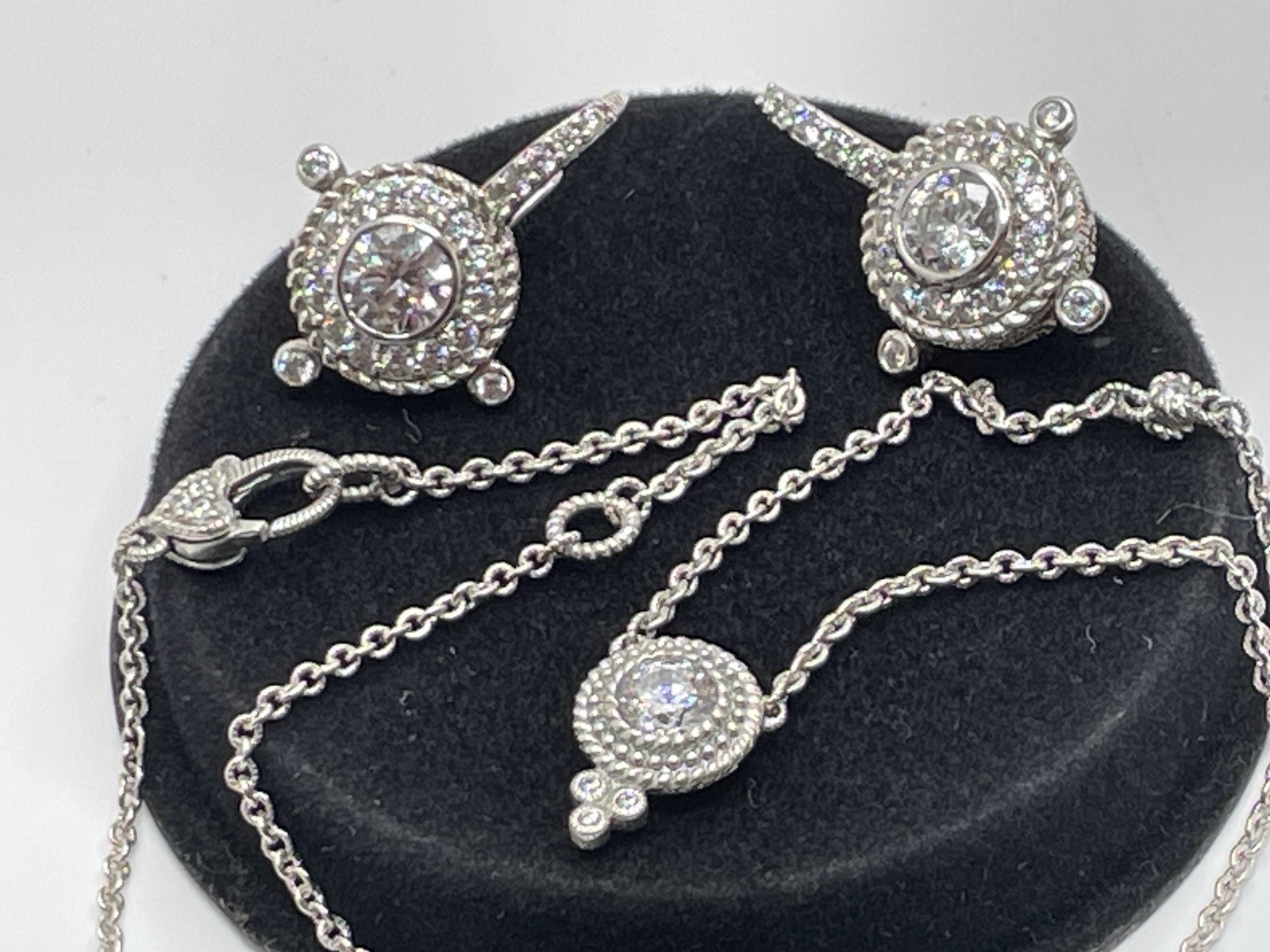 JUDITH RIPKA 925 Sterling Silver C Z Station Chain Pendant Necklace & Earrings