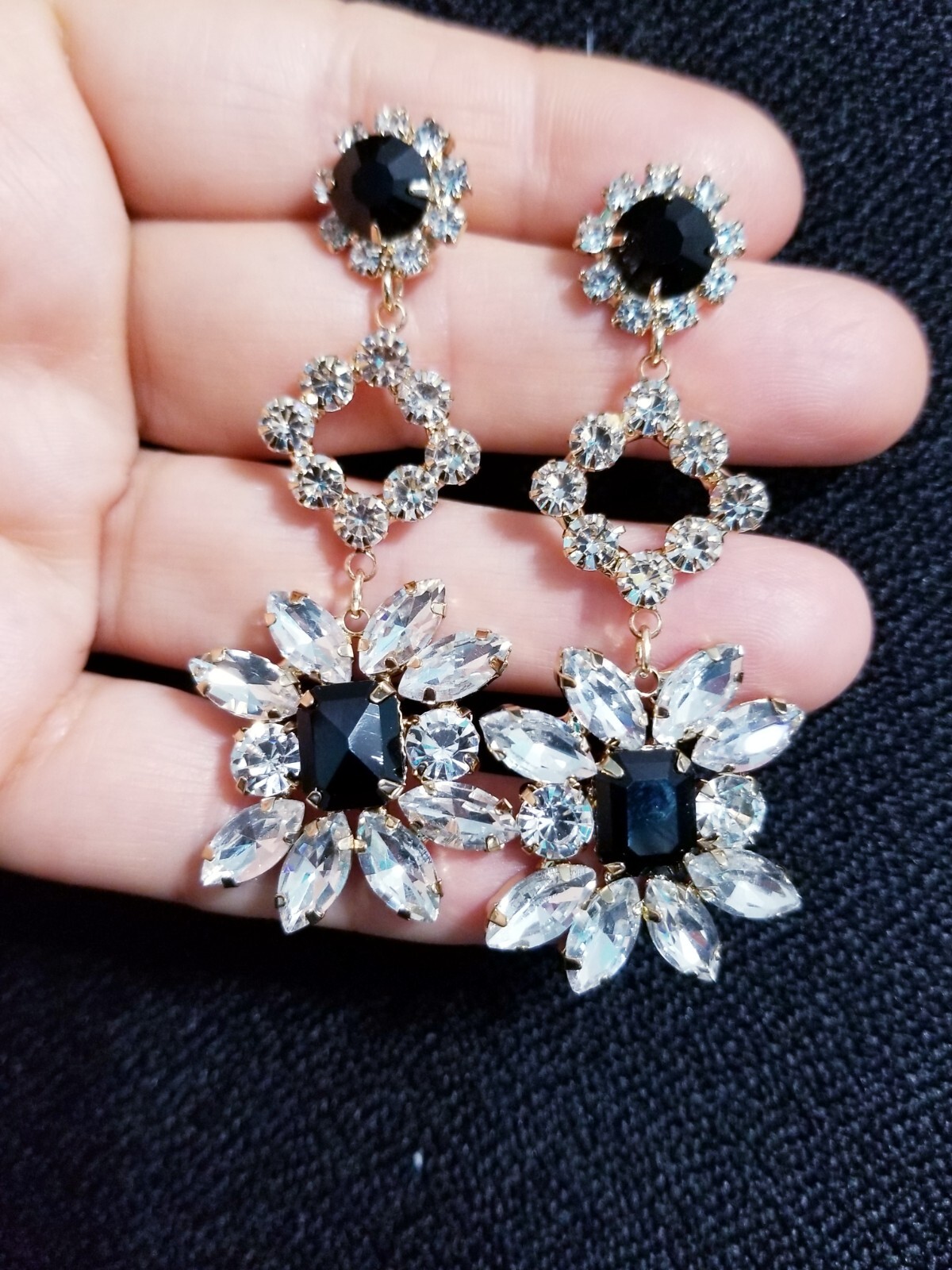 Bridesmaid Drop Dangle Chandelier Earrings 2.8 in Black Rhinestone Pageant Prom