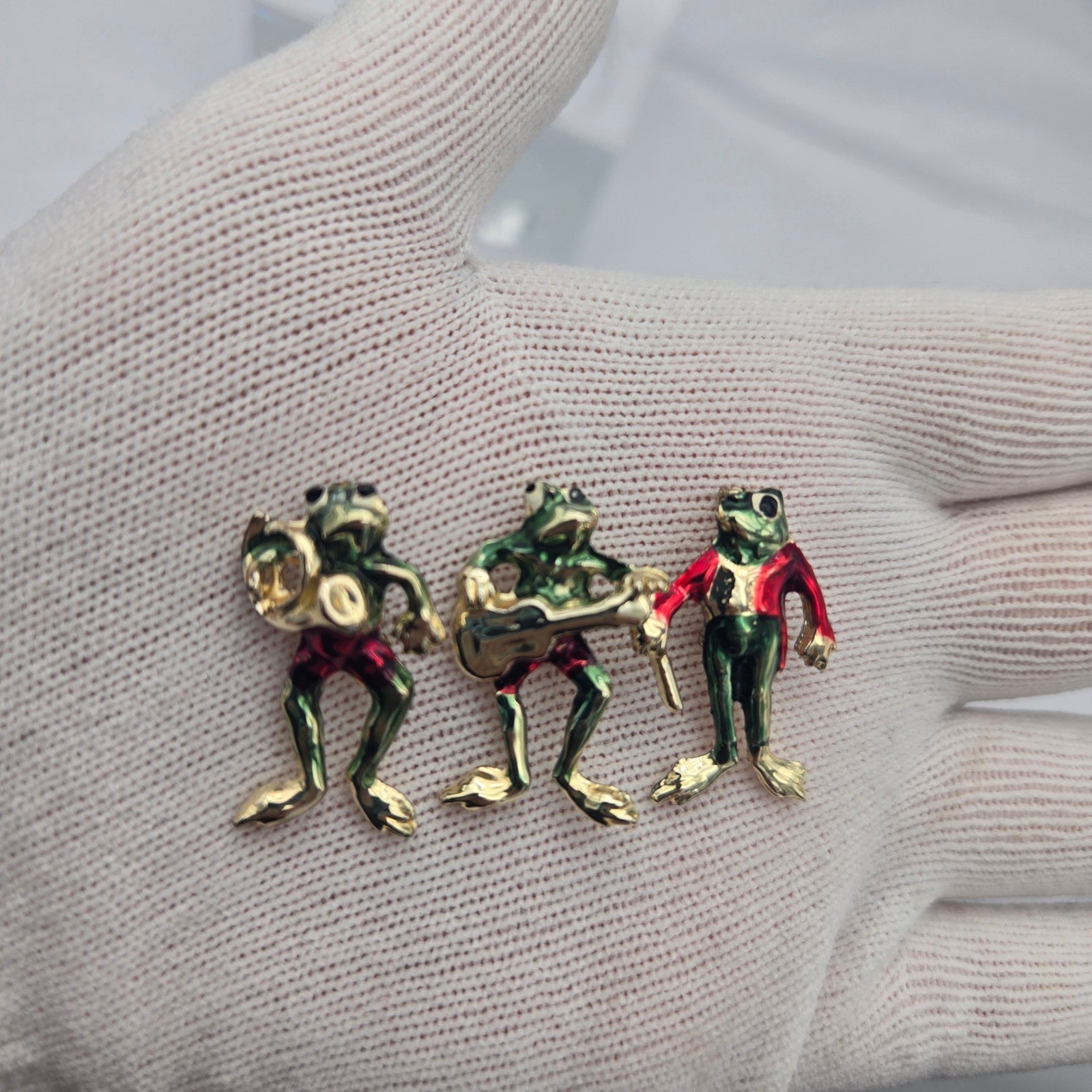 Frog Music Band Enamel Brooch Set of 3 Green Red Gold Novelty Pins Quirky