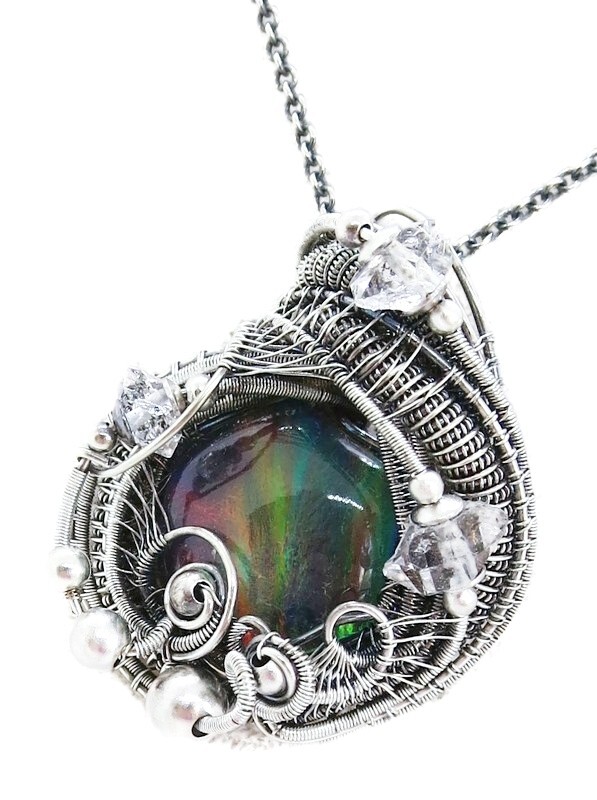 Aurora Opal Wire-Wrapped Pendant in Sterling Silver with Herkimer Diamonds