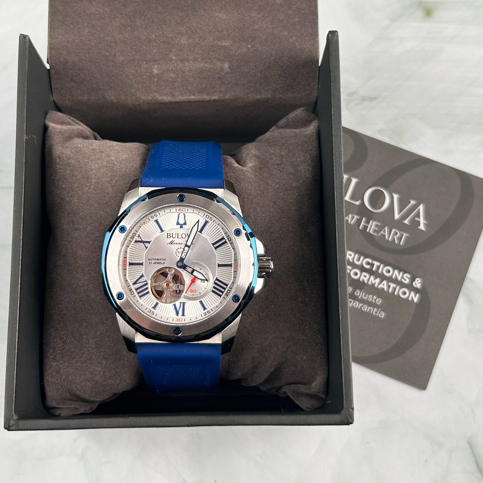 Bulova Marine Star 98A225 White Dial Blue Rubber Strap Men Automatic Watch 45MM
