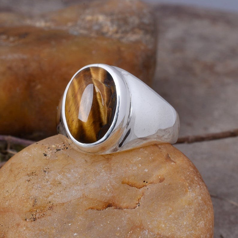 Solid 925 Sterling Silver Natural Tiger’s Eye Oval Gemstone Men’s Unisex Ring