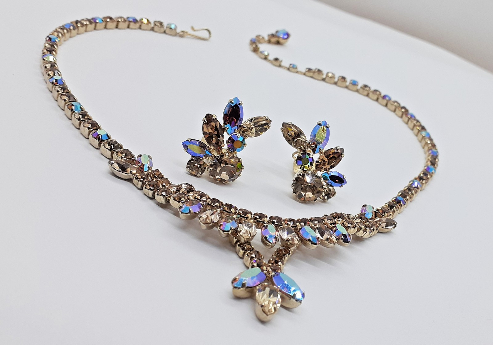 VTG SHERMAN Gold Semi-Rigid Swarovski Light Colorado & AB’s Necklace & Earrings