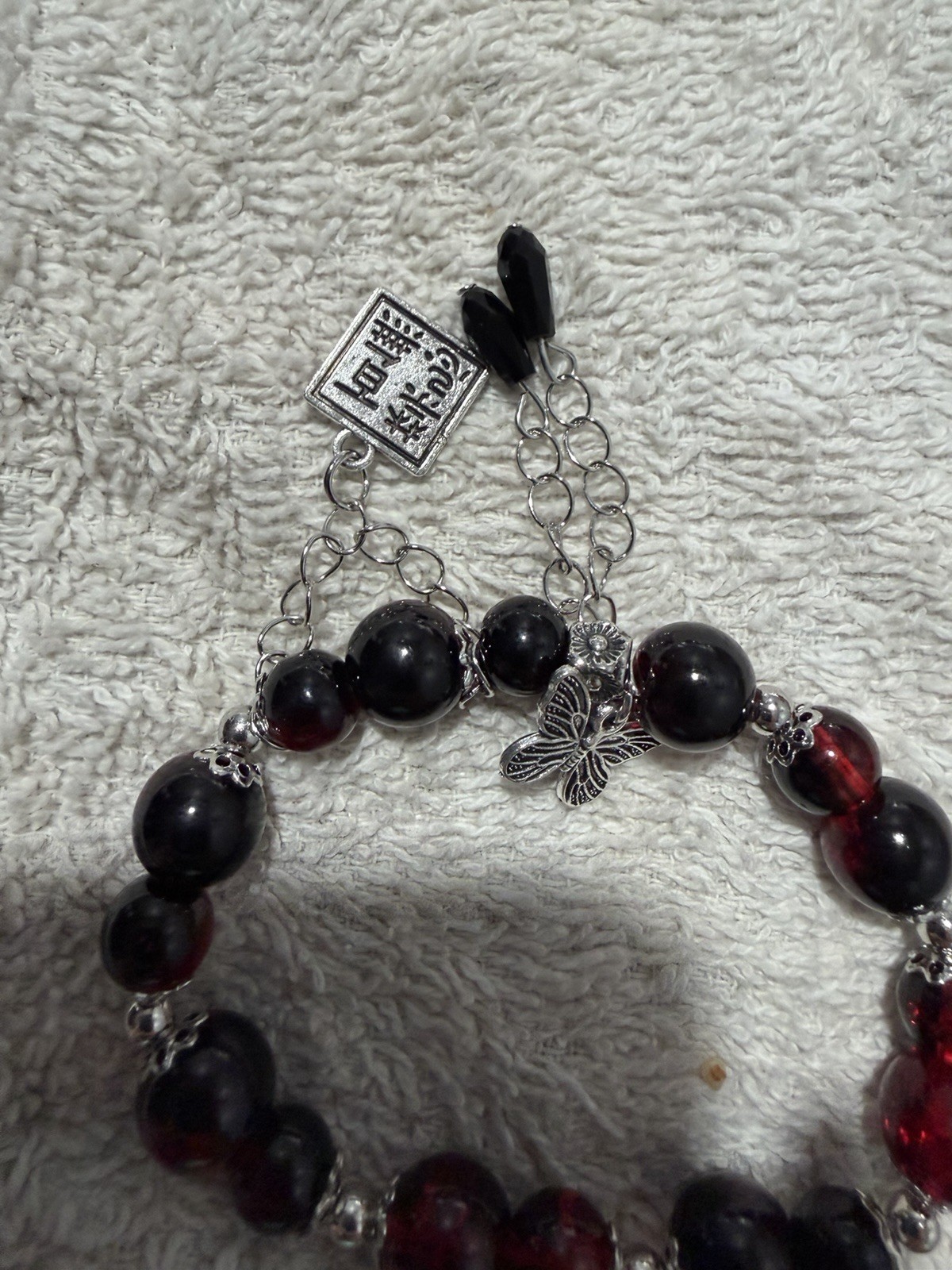 Gothic Romantic Red & Black Beaded Bracelet with Silver Charms