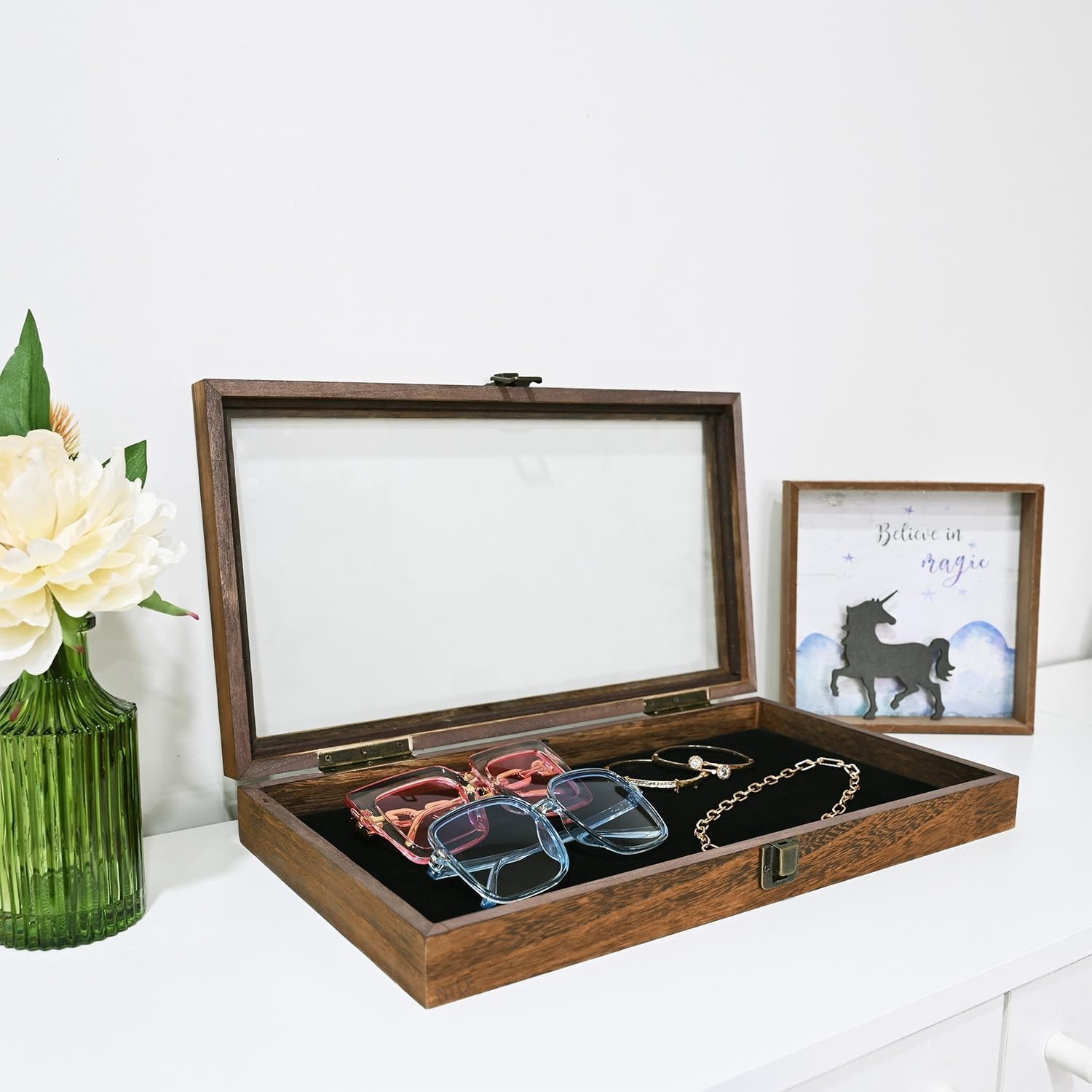 Elegant Antique Wood Jewelry Display Case with Tempered Glass Top & Velvet Pad