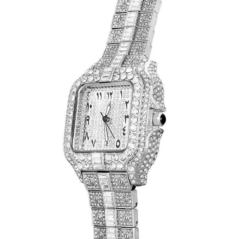 Arabic Hip Hop Ice out Luxury Bling Mens Watch Iced Silver Cz Diamond Waterproof