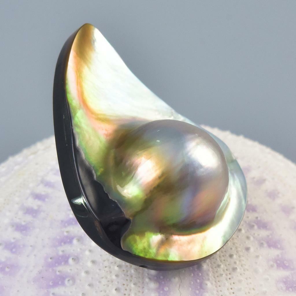 Mabe Blister Pearl in Shell Extreme Colorful Rainbow Iridescent 8.12g Cabochon