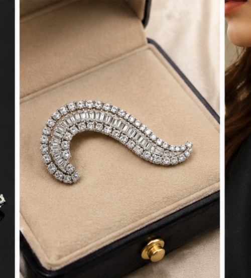 Elegant 3Ct Simulated Diamond Curved Wave Brooch Pin – 14K White Gold Plated