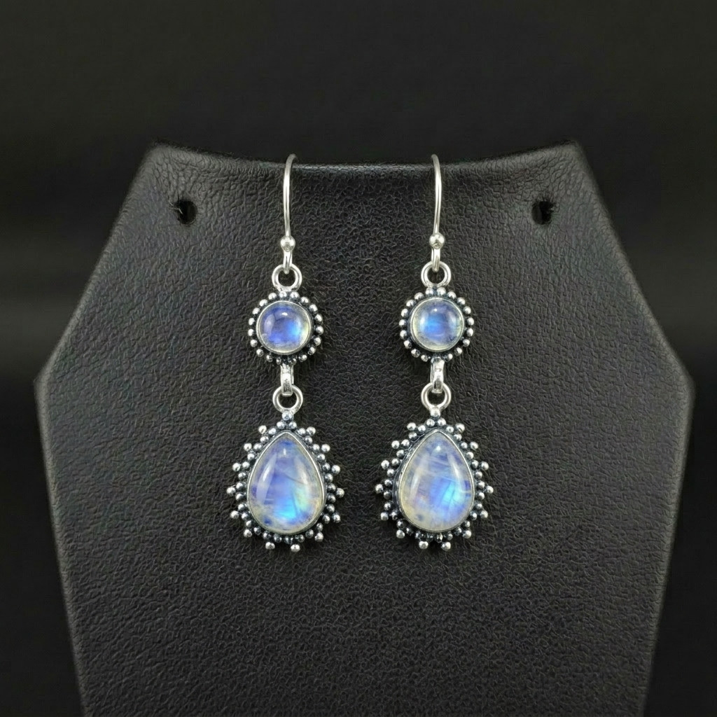Rainbow Moonstone 925 sterling silver handmade Dangle Drop Earrings 2.25″