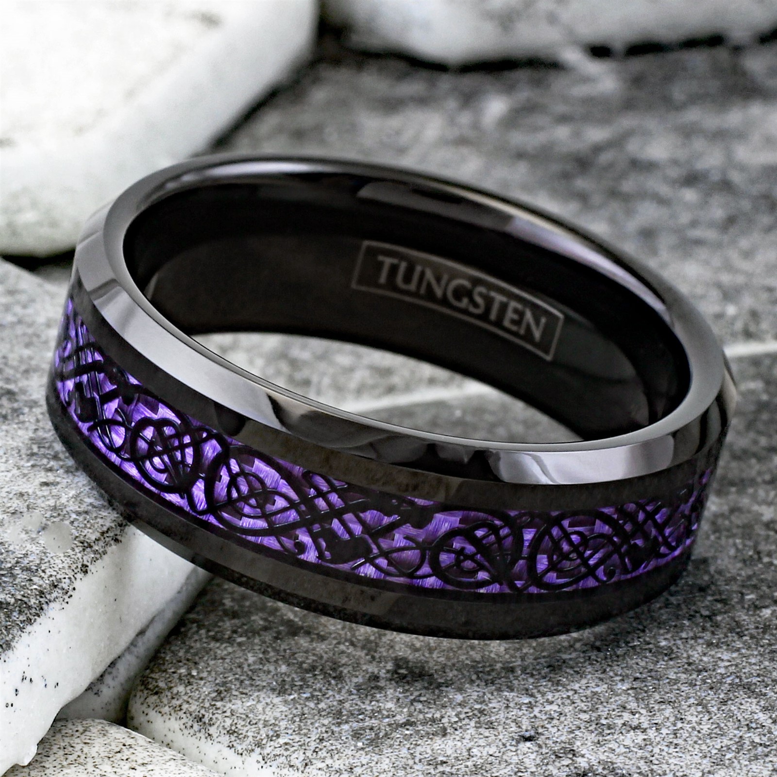 8mm Black Tungsten Carbide Purple Carbon Fiber Celtic Dragon Wedding Band Ring