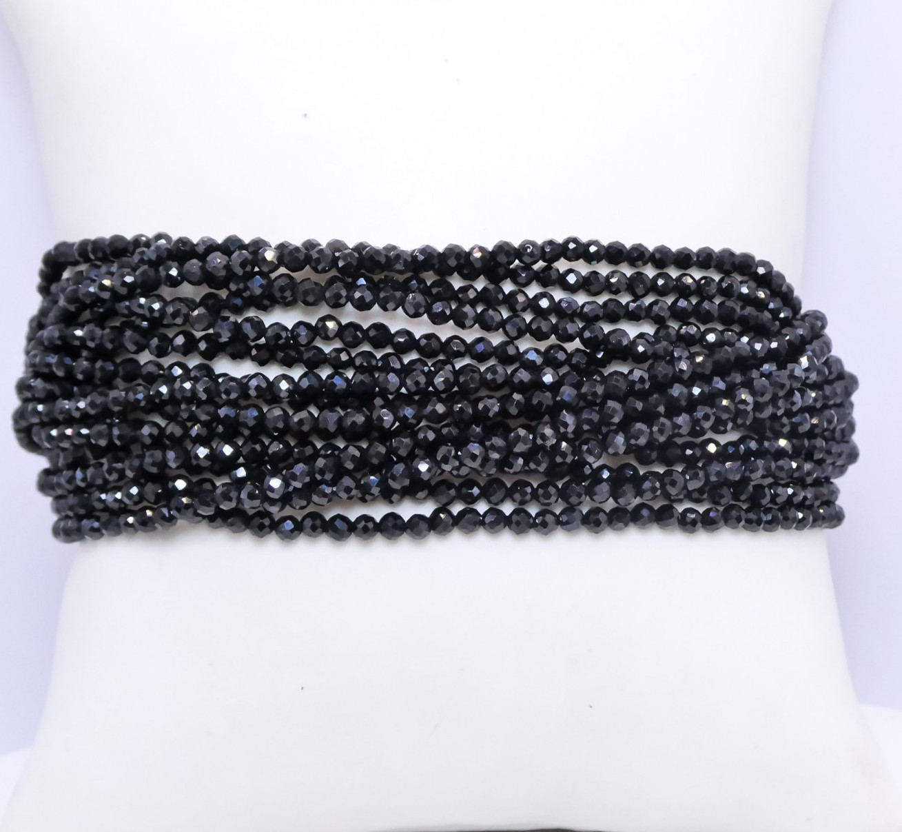 New Sterling Silver Black Spinel 100ctw Faceted Beaded Multi Strand 7″ Bracelet