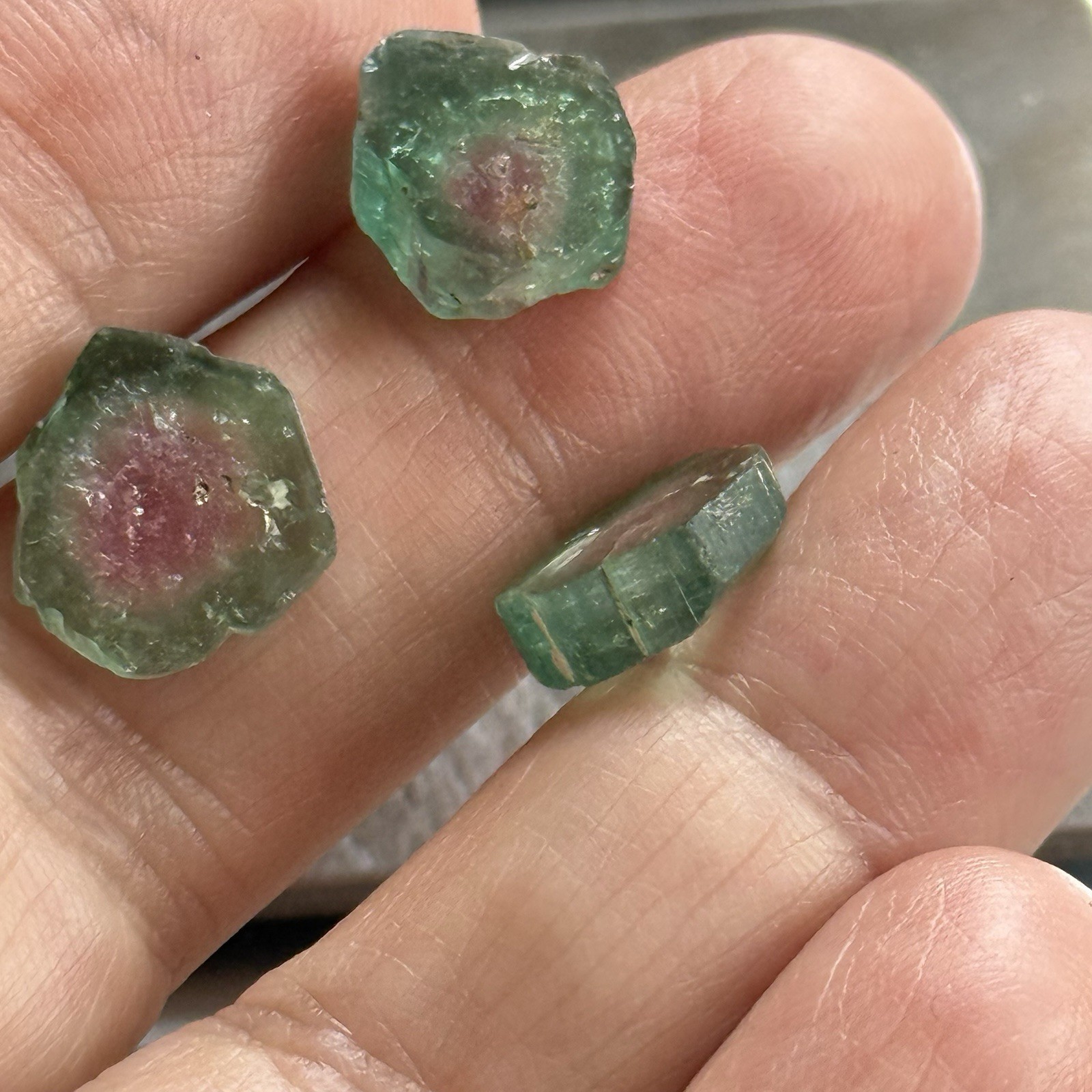 14ct 11-12×2.8-4.7mm 3pc Lot Pink Green Watermelon Tourmaline Slices Cabochons