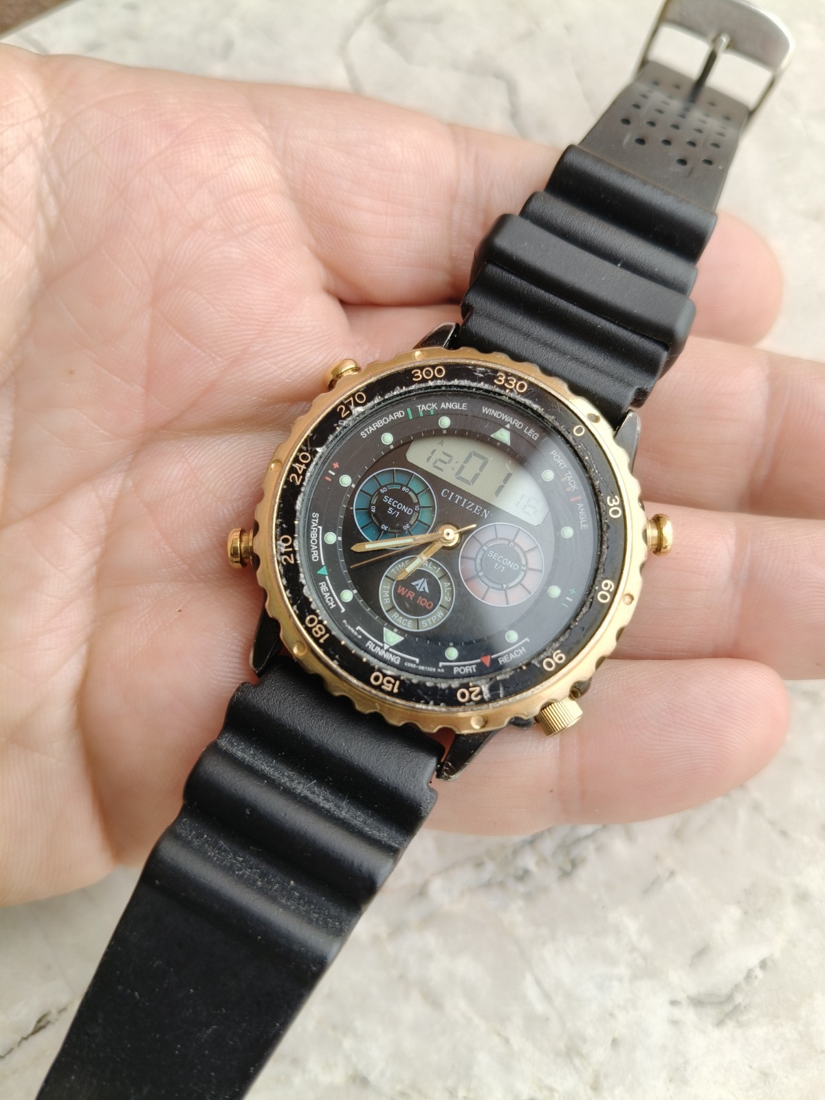 80s CITIZEN YACHT TIMER C050-088409 BLACK PVD WATCH WATCHES WORKING *DEFECTIVE*